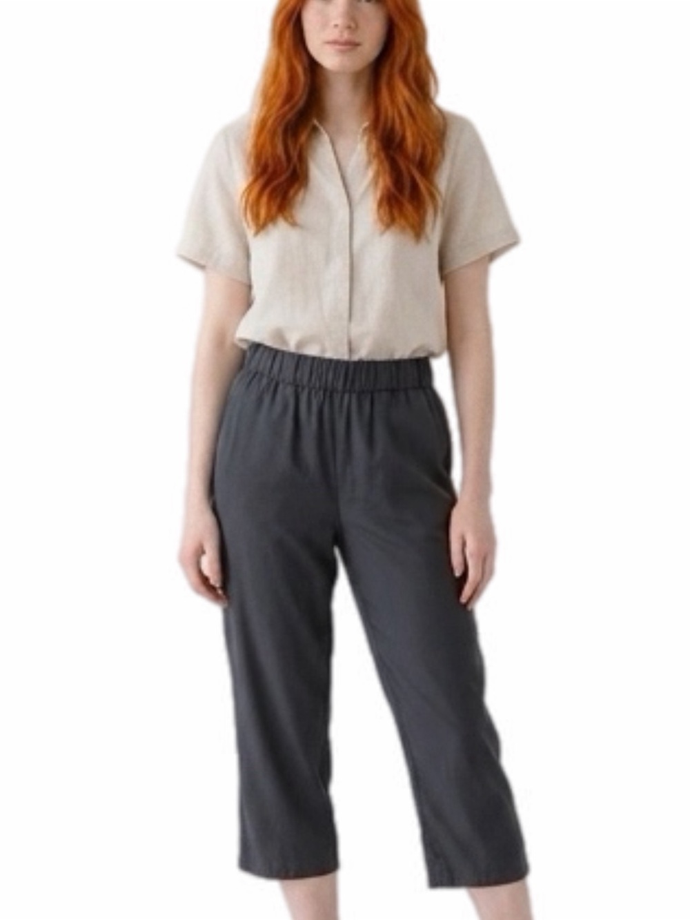 EILEEN FISHER dark grey pull on silk-like capris ankle pants Pockets Size XS EUC